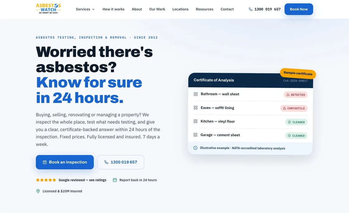 The Asbestos Watch homepage: a “Know for sure in 24 hours” headline beside a sample certificate of analysis, with booking and phone buttons.