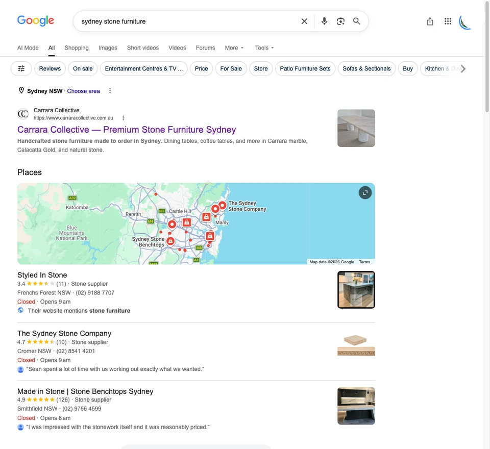 Google search results for sydney stone furniture, with Carrara Collective as the first organic web result above the local Places pack.