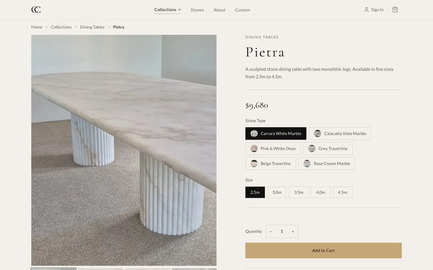 The Carrara Collective product page: a marble dining table photograph beside a live price, six stone swatches, five size options and an Add to Cart button.