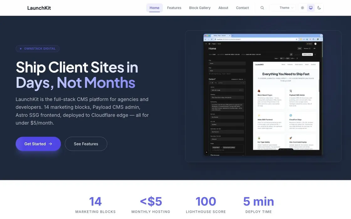 The LaunchKit homepage, with its “Ship Client Sites in Days, Not Months” headline and an admin panel screenshot.