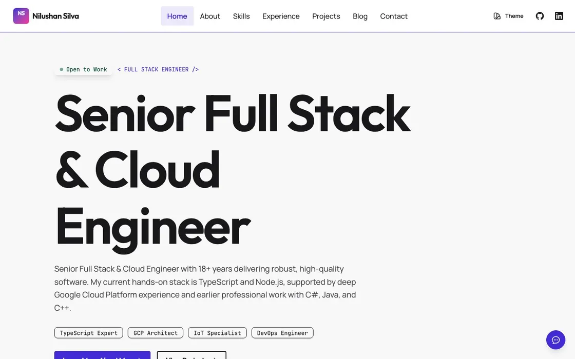 The nilushansilva.info homepage: an Open to Work badge above a large Senior Full Stack & Cloud Engineer heading, a short summary, and TypeScript, GCP, IoT and DevOps tags.