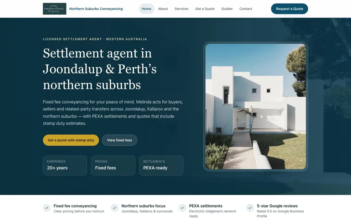 The Northern Suburbs Conveyancing homepage, leading with fixed fees and a stamp-duty quote button.