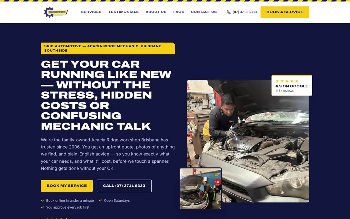 The SRID Automotive homepage: a plain-English headline, a 4.9 Google rating, and side-by-side booking and call buttons.